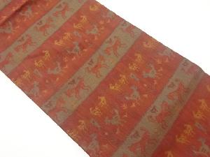 抽象鳥獣に横段模様織出し名古屋帯